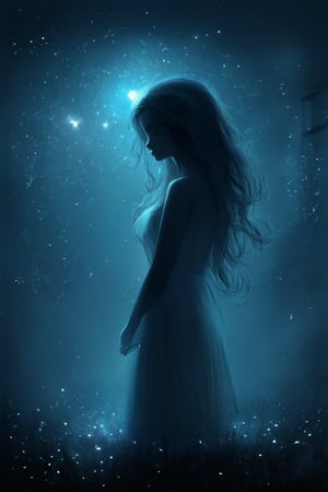 A hauntingly beautiful night scene: A mysterious figure emerges from the shadows, their porcelain-like skin glowing in the faint light of a distant streetlamp. The darkness surrounding them is punctuated by the soft sparkle of twinkling stars above, creating an eerie yet alluring atmosphere.