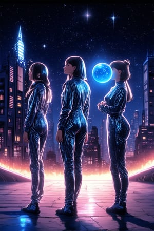 A futuristic, neon-lit cityscape at dusk; a group of three space girls, dressed in shimmering silver jumpsuits, stand confidently with their feet shoulder-width apart, gazing up at the starry night sky. One girl holds a glowing blue orb, while another has a retro-futuristic hairdo and a third is sporting a miniature spaceship on her shoulder.