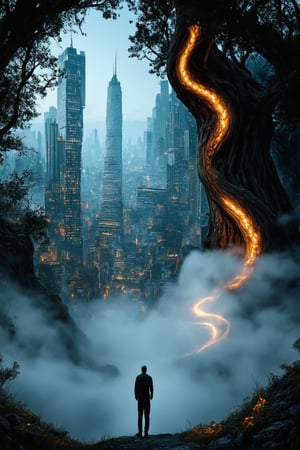 A surreal dreamscape unfolds: a cityscape with towering skyscrapers melts into a misty forest, where twisted tree trunks writhe like serpents. In the foreground, a lone figure stands at the precipice, gazing out upon the swirling vortex of clouds and city lights. Soft focus, warm lighting, and eerie fog create an otherworldly atmosphere, as if the very fabric of reality is unfolding before our eyes.