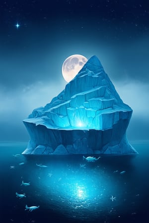 Majestic iceberg rises from mystical ocean depths, its crystalline peaks glinting with iridescent hues under soft, luminescent moonlight. The surrounding water shimmers like polished silver, with delicate sea creatures swimming around the iceberg's base. In the distance, a misty veil of fog hugs the horizon, while above, stars twinkle like diamonds against a deep indigo sky.