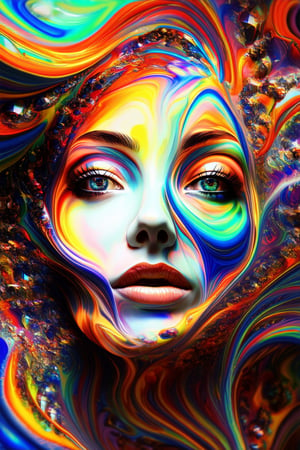 A vibrant, 3D-generated portrait of a face with bright, swirling colors dancing across its surface. The subject's eyes gleam like polished gemstones, surrounded by wispy strands of hair that seem to defy gravity. A kaleidoscope of hues swirls around the face, as if the very essence of colorful chaos has been distilled into this mesmerizing digital visage.