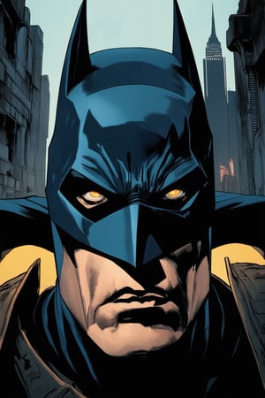 A dramatic close-up shot of Batman's masked face, lit by a faint blue glow emanating from his utility belt, as he gazes out at a Gotham City skyline in ruins. The Dark Knight's cowl is creased with concern and determination, his eyes burning with a fierce intensity. A dark and gritty DC Comics universe unfolds.