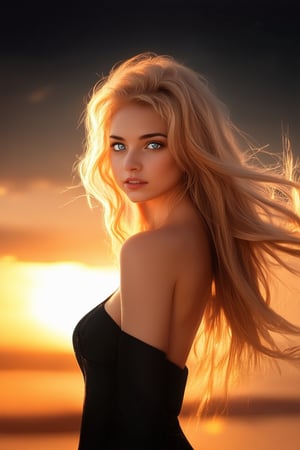 A legendary beauty poses against a warm sunset background, her long golden hair blowing gently in the breeze as she gazes out at the horizon. Her porcelain skin glows with a soft, ethereal light, while her bright blue eyes sparkle like diamonds in the fading daylight.