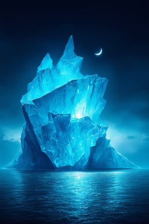 A majestic iceberg rises from the mystical waters, its crystalline facets glistening like a thousand tiny diamonds under the soft glow of a crescent moon. The surrounding sea glows with an ethereal blue light, as if infused with the essence of rare magical energies. The iceberg's rugged, ancient form seems to defy the darkness, while in the distance, a misty veil shrouds the horizon, whispering secrets of a long-lost world.