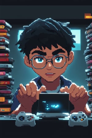 A close-up shot of a bespectacled gamer, surrounded by stacks of dusty video game cartridges and worn-out controllers. The character's intense gaze is fixed on their screen, fingers poised to react to an in-game quest. Soft, warm lighting illuminates the room, with a hint of blue glow from the TV casting an eerie ambiance. The subject's pixelated avatar glows softly in the background.