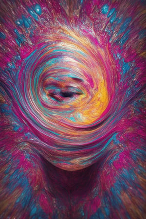 A vibrant 3D face with swirling colors, reminiscent of a kaleidoscope's mesmerizing patterns. The subject's features are rendered in shimmering hues of pink, blue, and yellow, with textured details on the skin and defined facial structure. The camera captures a close-up shot from directly above, highlighting the dimensional quality of the image as if it could jump off the screen.