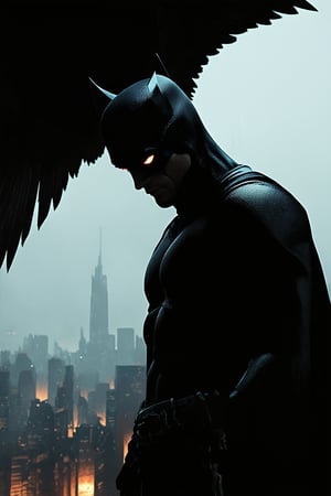 A brooding dark hero stands at the edge of a misty cityscape, his figure silhouetted against the dimly lit skyline. His eyes gleam like lanterns in the night as he gazes out into the darkness, his cape fluttering behind him like a dark wing.