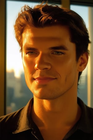 A close-up shot of Jeronimo's face, with a warm golden light illuminating his features. He's wearing a subtle smile, and his eyes seem to hold a hint of mischief. The framing is tight, focusing on the contours of his face. In the background, a blurred cityscape can be seen through the window.