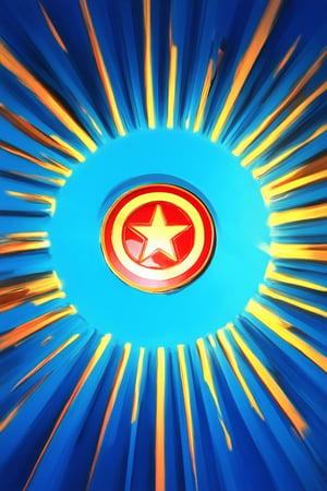 Vibrant colors radiate from a stylized Marvel logo, set against a bright blue background, with rays of light emanating from the logo's edges. The composition is centered, with bold lines and shapes creating depth. A golden glow surrounds the logo, evoking a sense of optimism and energy.