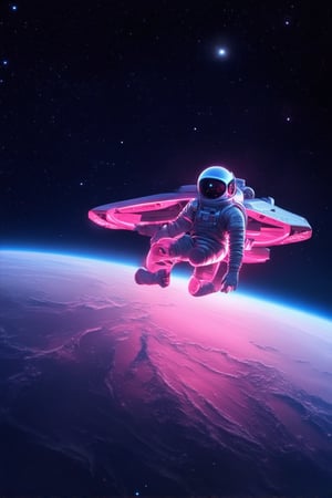 A futuristic spacecraft glows with a vibrant pink hue against a dark blue cosmos. The ship's sleek, metallic body is illuminated by pulsing lights, casting an otherworldly glow on the surrounding stars. In the foreground, a lone astronaut floats in zero gravity, her spacesuit shimmering with a soft pink sheen, as the vastness of space stretches out behind her.