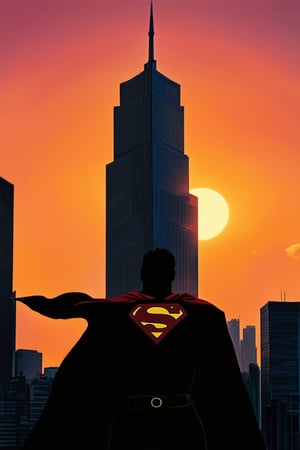 A darkened cityscape at sunset, with the iconic Daily Planet building standing tall in the center. Superman's figure is silhouetted against the vibrant orange and pink sky as he gazes out at the horizon, his cape flowing behind him. The dynamic pose captures his heroic strength and vigilance, while the Gotham City skyline serves as a striking backdrop.