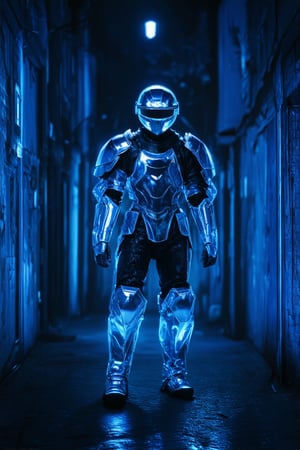 In a dimly lit, neon-lit alleyway, a lone figure of a futuristic warrior stands tall, their holographic armor glowing with an ethereal blue light. The Dyss's visage is obscured by a reflective helmet, its gaze fixed intently on the viewer as if sizing them up for battle.