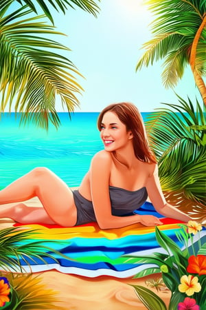 A warm and inviting summer scene: a young woman lounges on a colorful beach towel, surrounded by lush greenery and vibrant flowers. Soft sunlight filters through palm trees, casting a golden glow on her smiling face as she gazes out at the calm turquoise ocean, its gentle waves caressing the shore.