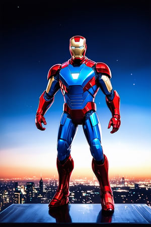 A vibrant, dynamic shot of Iron Man in his iconic suit, standing triumphantly on a gleaming metallic platform with the cityscape at dusk as the backdrop. The bright, electric blue and red hues of the armor illuminate the darkening sky, while Tony Stark's confident pose exudes determination and heroism.