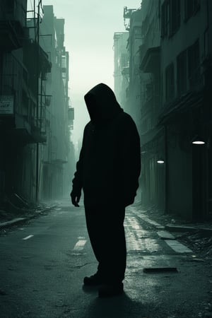 A hauntingly beautiful scene: a dimly lit, abandoned city street at dusk. Shadows stretch like skeletal fingers across crumbling buildings. A lone figure stands in the center, shrouded in darkness, face obscured by a hoodie. The air is heavy with an eerie silence, punctuated only by the distant hum of city lights struggling to pierce the gloom.