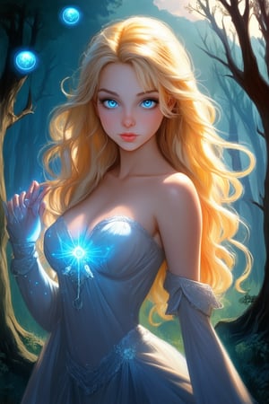 A majestic fantasy illustration of a stunningly beautiful woman, often referred to as a 'pretty girl', is set against a mystical backdrop with ancient trees and glowing magical orbs. She stands confidently, her long blonde hair flowing like gold in the soft, golden light of dawn. Her bright blue eyes sparkle with an inner radiance, as if infused with mythic power.