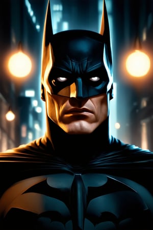 A close-up shot of Batman's determined face, lit by the dim glow of city streetlights, as he gazes out at the Gotham City skyline. His eyes are narrowed in focus, his jawline set in a fierce expression. In the background, the Bat-signal shines bright on the dark night, casting an eerie atmosphere.