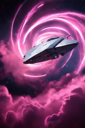 A futuristic 3D pink space scene: A swirling vortex of pink mist fills the frame, with glowing neon accents and metallic sheen. In the foreground, a sleek silver spaceship hovers, its propulsion system emitting a soft pink glow. The background is a nebula-like expanse of pink clouds, with distant stars twinkling like diamonds.