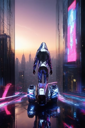 A futuristic cityscape at dusk, with holographic advertisements dancing across towering skyscrapers in shades of neon pink and blue. A lone figure, cloaked in a reflective Holo Dyss jumpsuit, stands atop a sleek hoverbike, gazing out at the sprawling metropolis as streaks of orange and purple hues paint the sky.