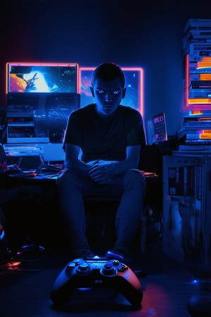 A gamer sitting in a darkened room, surrounded by neon-lit gaming stations and stacks of graphic novels. Flickering LED lights cast an eerie glow on their determined face, eyes fixed intently on the screen as they navigate a virtual realm. A worn-out controller lies discarded beside them, its buttons worn down from countless battles fought.