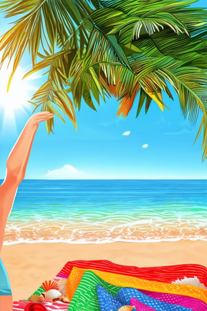 Captivating summer afternoon scene: Warm sunlight casting a golden glow on a picturesque beachside setting, soft waves gently lapping at the shore, palm trees swaying in the gentle breeze. A carefree individual, arms outstretched and eyes closed, soaking up the radiant heat, surrounded by colorful beach towels and a few scattered seashells.