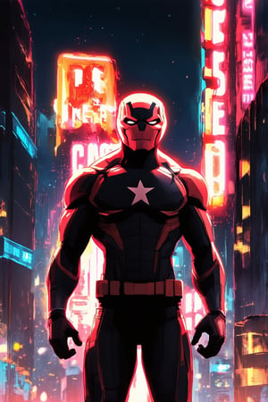 A dynamic Marvel character, lit by a vibrant, pulsing glow, stands boldly in front of a cityscape at dusk. The bright lights of skyscrapers and neon signs reflect off their suit, casting an otherworldly sheen. Their powerful stance radiates confidence, as they gaze out into the distance, ready to take on the next challenge.