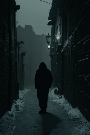 A dimly lit alleyway at dusk, with crumbling brick walls on either side, sets the stage for a sense of foreboding. A lone figure, shrouded in shadows, stands frozen, their features obscured by the darkness. The only illumination comes from a distant streetlamp, casting an eerie glow over the scene.