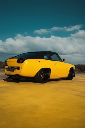 A vibrant yellow hue takes center stage in this warm-toned image. A sleek, modern yellow car, with its bright finish and sharp lines, occupies the foreground. Against a cloudy blue sky, the vehicle's yellow tone seems to glow from within. The composition is straightforward, with the car placed directly against the horizon line, emphasizing its bold color. Soft, natural lighting enhances the yellow's brightness, while the surrounding landscape provides a subtle contrast to the vibrant subject.