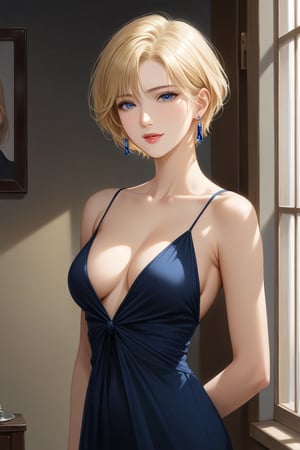 a tall slender blonde mature woman with very short haircut, blonde hair, dark blue eyes, she is wearing a dark blue open long dress, earrings. A beautiful face. a real masterpiece, they are in love with each other. an over-detailed face. careful drawing of the face. A beautiful face. realistic.
score_9, score_8,score_7,rating_explicit, (Aesthetic romantic image)score_9,score_7_up,rating_explicit, score_8_up,harukasm, woman solo