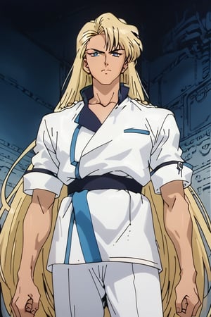 Create a very tall man with a height of 1.96 m, with a sporty figure. A muscular physique, a combination of Asian and European appearance, almond-shaped eyes, prominent high cheekbones give him a very expressive look. very long straight platinum hair, below the shoulders, long bangs. Blue eyes.  A facial expression that often reflects a combination of tension and calm. Having a generally elegant and charismatic appearance, a tuxedo. next to a short blonde girl about 1.6 meters tall. Long golden hair tied with a scarlet ribbon. blue eyes, fair skin and a slender figure (pear-shaped body). The eyes are a rich blue color, and the facial expression combines elegance with a strong and confident posture.  in love. 8K,SamYoung_Illustration,niji style,Kunzite,SMV4,Malachite,score_9,score_8_up,score_7_up,rating_explicit