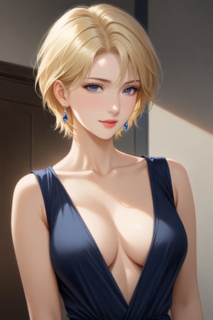 a tall slender blonde mature woman with very short haircut, blonde hair, dark blue eyes, she is wearing a dark blue open long dress, earrings. A beautiful face. a real masterpiece, they are in love with each other. an over-detailed face. careful drawing of the face. A beautiful face. realistic.
score_9, score_8,score_7,rating_explicit, (Aesthetic romantic image)score_9,score_7_up,rating_explicit, score_8_up,harukasm, woman solo