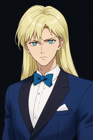 Create a very tall man with a height of 1.96 m, with a sporty figure. A muscular physique, a combination of Asian and European appearance, almond-shaped eyes, prominent high cheekbones give him a very expressive look. very long straight platinum hair, below the shoulders, long bangs. Blue eyes.  A facial expression that often reflects a combination of tension and calm. Having a generally elegant and charismatic appearance, a tuxedo. next to a short blonde girl about 1.6 meters tall. Long golden hair tied with a scarlet ribbon. blue eyes, fair skin and a slender figure (pear-shaped body). The eyes are a rich blue color, and the facial expression combines elegance with a strong and confident posture.  in love. 8K,SamYoung_Illustration,niji style,Kunzite,SMV4,Malachite