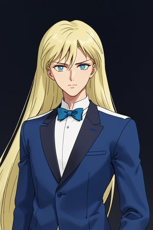 Create a very tall man with a height of 1.96 m, with a sporty figure. A muscular physique, a combination of Asian and European appearance, almond-shaped eyes, prominent high cheekbones give him a very expressive look. very long straight platinum hair, below the shoulders, long bangs. Blue eyes.  A facial expression that often reflects a combination of tension and calm. Having a generally elegant and charismatic appearance, a tuxedo. next to a short blonde girl about 1.6 meters tall. Long golden hair tied with a scarlet ribbon. blue eyes, fair skin and a slender figure (pear-shaped body). The eyes are a rich blue color, and the facial expression combines elegance with a strong and confident posture.  in love. 8K,SamYoung_Illustration,niji style,Kunzite,SMV4,Malachite