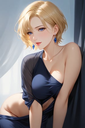 a tall slender blonde mature woman with very short haircut, blonde hair, dark blue eyes, she is wearing a dark blue open long dress, earrings. A beautiful face. a real masterpiece, they are in love with each other. an over-detailed face. careful drawing of the face. A beautiful face. realistic.
score_9, score_8,score_7,rating_explicit, (Aesthetic romantic image)score_9,score_7_up,rating_explicit, score_8_up,harukasm, woman solo