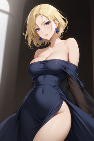 a tall slender blonde mature woman with very short bob haircut, blonde hair, dark blue eyes, she is wearing a dark blue very open long dress, earrings. A beautiful face. a real masterpiece, they are in love with each other. an over-detailed face. careful drawing of the face. A beautiful face.
score_9, score_8,score_7,rating_explicit, (Aesthetic dark image)score_9,score_7_up,rating_explicit, score_8_up,harukasm,haruka tenou, parted bangs, woman solo 