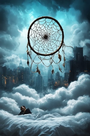 A surreal landscape unfolds: a dreamcatcher's web glows softly in the center of the frame, surrounded by swirling clouds and wispy tendrils of smoke. A cityscape rises from the horizon, its skyscrapers twisted into impossible shapes. In the foreground, a lone figure lies on a bed of fluffy white clouds, their face contorted in a mix of wonder and terror.