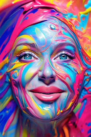 A bright and vibrant close-up shot of a 3D colorful face, with bold brushstrokes of pink, blue, and yellow swirling across the cheekbones. The eyes sparkle like diamonds, shining with a warm golden light. The subject's facial expression is playful, with a hint of mischief, as if they're about to burst into laughter.