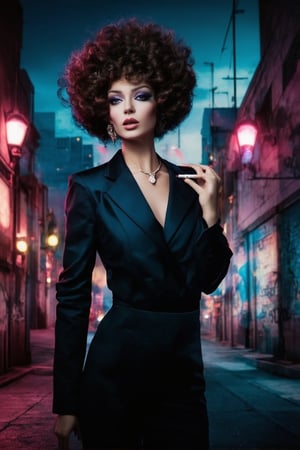 A retro-futuristic beauty portrait: A striking model with big hair and bold makeup poses against a neon-lit cityscape at dusk. She's dressed in a shoulder-padded power suit, complete with high-waisted trousers and statement jewelry. The soft glow of streetlights reflects off her porcelain skin, while the vibrant hues of graffiti-covered walls provide a pop art backdrop. A cigarette dangles from her lips, exuding confidence and sass.