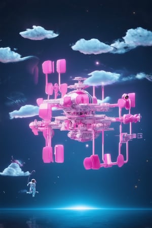 A futuristic 3D pink space station floats serenely against a dark blue background, illuminated by soft neon lights and wispy clouds. The structure's geometric shapes and tubes glow with a mesmerizing pink hue, as if infused with an otherworldly energy. A few spacesuits float nearby, hinting at the presence of astronauts exploring this extraterrestrial haven.