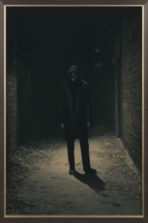 A photograph of a mysterious figure shrouded in darkness. The subject's face is obscured by shadows, with only their piercing eyes visible, illuminated by a faint, eerie glow. The background is a deep, velvety blackness, punctuated by the silhouette of a cityscape or abandoned industrial landscape. Framed by a dimly lit alleyway or crumbling brick wall, the figure exudes an aura of secrecy and intrigue.