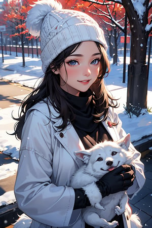 smile,beautiful woman,heavy winter coat,a woolly hat,gloves,holding a snow-white husky,whose fur gleams pristine in the winter sunlight,The woman's demeanor exudes gentleness and affection,a serene winter street,trees lining the sides covered in white snow,warmth and happiness,photo r3alm,Extremely Realistic