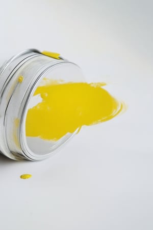 A close-up shot of a yellow paint can against a bright white background, with soft focused brushstrokes visible on the surface. The can is centered, surrounded by negative space, and lit from above with a subtle gradient effect to enhance its vibrant color. A small droplet of paint forms at the corner, adding texture and visual interest.