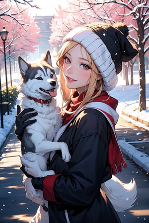 smile,beautiful woman,heavy winter coat,a woolly hat,gloves,holding a snow-white husky,whose fur gleams pristine in the winter sunlight,The woman's demeanor exudes gentleness and affection,a serene winter street,trees lining the sides covered in white snow,warmth and happiness,photo r3alm,Extremely Realistic