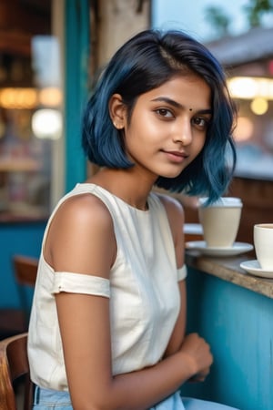 A photojournalist portrait of an 25-year-old Indian girl with captivating beauty her hair style in a chic bob and dyed a mesmerizing white dressed in a simple sky-blue and jeans that highlight her natural beauty.The background should depict a relaxed coffee shop setting, with soft lighting, comfortable seating, and people enjoying