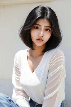 A photojournalist portrait of an 18-year-old Indian girl with captivating beauty her hair style in a big bob and dyed a mesmerizing white dressed in a simple black and jeans that highlight her natural beauty.The background should depict a relaxed mol, with soft lighting, comfortable seating, and people enjoying