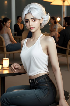 A photojournalist portrait of an 18-year-old Indian girl with captivating beauty her hair style in a chic bob and dyed a mesmerizing white dressed in a simple black and jeans that highlight her natural beauty.The background should depict a relaxed mol, with soft lighting, comfortable seating, and people enjoying