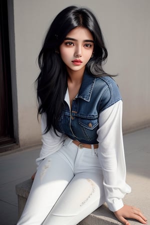 A photojournalist portrait of an 18-year-old Indian girl with captivating beauty her hair style in a chic bob and dyed a mesmerizing white dressed in a simple black and jeans that highlight her natural beauty.The background should depict a relaxed mol, with soft lighting, comfortable seating, and people enjoying