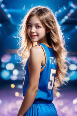 ((Generate hyper realistic full body portrait of  captivating scene featuring a stunning 20 years old girl,)) ((semi side view,)) with medium long blonde hair, flowing curls, little smile, donning a blue basketball  jersey, studio lighting,  piercing, blue eyes, photography style , Extremely Realistic,  ,photo r3al,action shot,poakl girl,Realistic Enhance