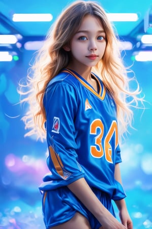 ((Generate hyper realistic full body portrait of  captivating scene featuring a stunning 20 years old girl,)) ((semi side view,)) with medium long blonde hair, flowing curls, little smile, donning a blue basketball  jersey, studio lighting,  piercing, blue eyes, photography style , Extremely Realistic,  ,photo r3al,action shot,poakl girl,Realistic Enhance