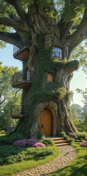 create an image of a big tall busy whimsical treehouse, there are windows and doors, a winding staircase windfs up the side of the tree, there are little flower gardens around and grass ,glitter